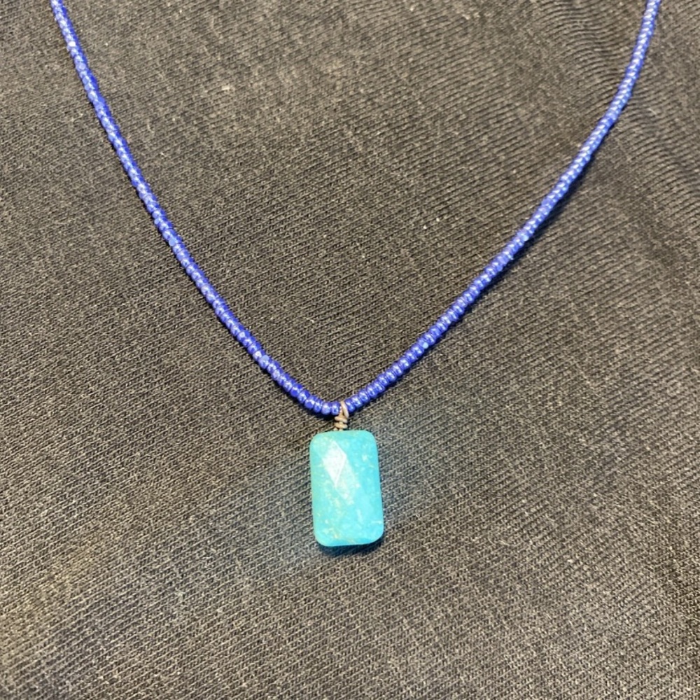 Blue Beaded Necklace with Turquoise Pendant